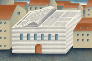 Eine Illustration zeigt ein Gebäude aus Zeitungen.