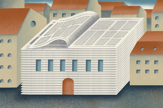Eine Illustration zeigt ein Gebäude aus Zeitungen.
