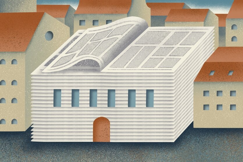 Eine Illustration zeigt ein Gebäude aus Zeitungen.