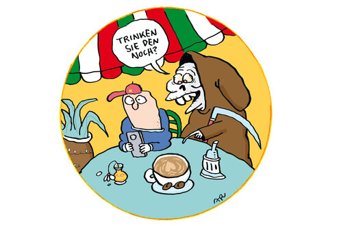 bunter cartoon: schnitter tod fragt einen menschen am handy, ob er den cappuccino noch trinkt