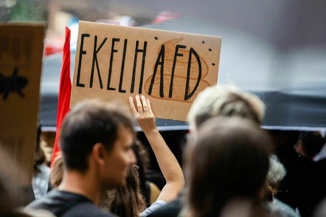 Ein Demonstrant gegen die AfD hält ein Schild hoch auf dem ein Wortspiel steht mit Ekelhaft und AfD steht: Ekelh-AFD
