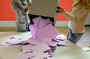 Auszählung in Frankfurt (Oder): Zwei Wahlhelfende schütten Stimmzettel aus einer Urne auf einen Tisch