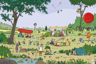 Eine Illustration, die viele Menschen auf einer Wiese zeigen