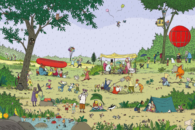 Eine Illustration, die viele Menschen auf einer Wiese zeigen