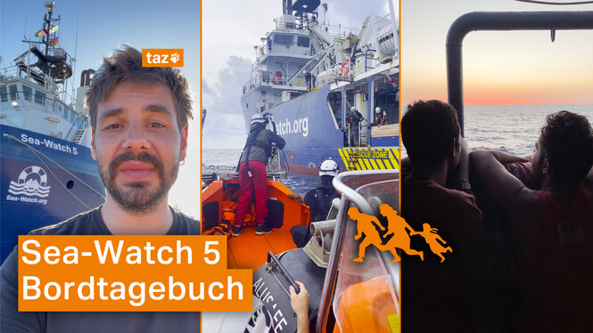 Drei Bilder von dem Redakteur, dem Boot der Sea-Watch und zwei menschen, die in einen Sonnenuntergang blicken