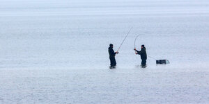 Zwei Angler stehen im weiten Wasser und angeln gemeinsam.