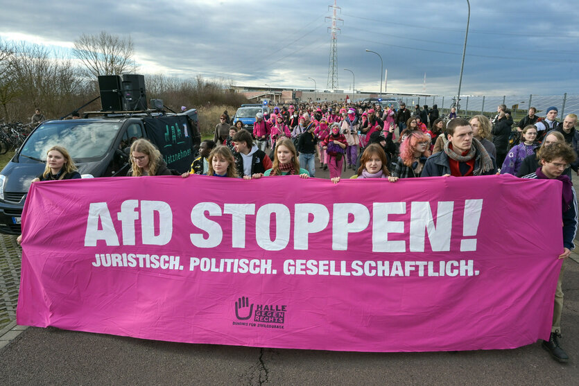 Junge Protestierende demonstrieren gegen die AfD in Halle