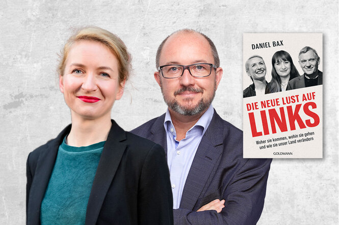 Ines Schwerdtner und Daniel Bax stehen nebeneinander vor einem hellgrauen Hintergrund. Beide blicken freundlich in die Kamera. Rechts im Bild ist das Cover ihres gemeinsamen Buches „Die neue Lust auf Links“ zu sehen, auf dem auch drei weitere Personen abgebildet sind. Der Untertitel des Buches lautet: „Woher sie kommen, wohin sie gehen und wie sie unser Land verändern“.