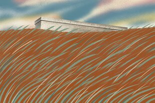 Illustration zeigt ein Denkmal in der Landschaft versunken.