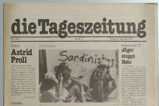 Die Titelseite der ersten Nullnummer der taz - in der linken Spalte ein Artikel über die Verhaftung von Astrid Proll in London
