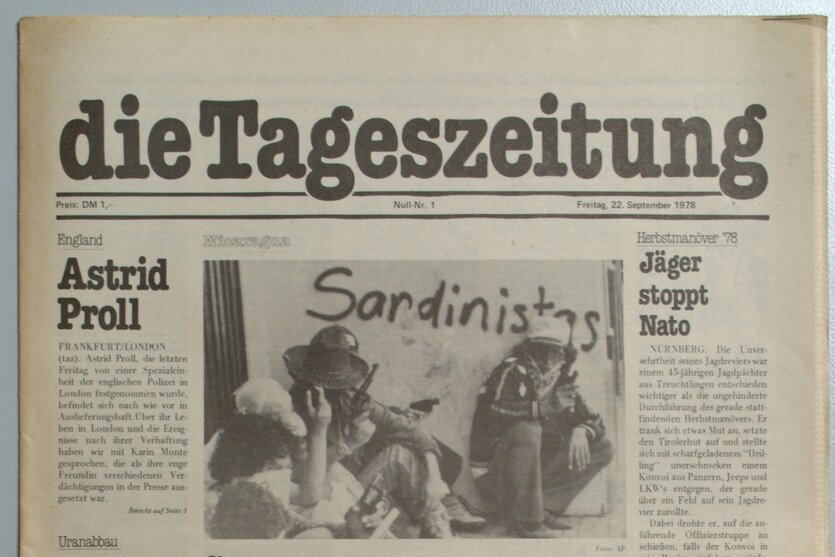 Die Titelseite der ersten Nullnummer der taz - in der linken Spalte ein Artikel über die Verhaftung von Astrid Proll in London