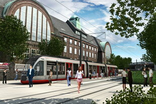 Computeranimation einer Stadtbahn vor dem Holthusenbad