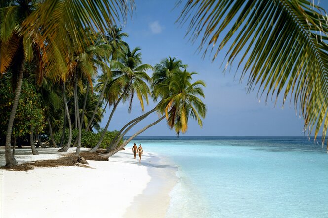 Jemand geht an weißem Strand unter Palmen spazieren