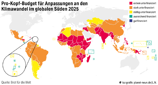 Karte zeigt das Pro-Kopf-Budget der Länder für Anpassungen an den Klimawandel im globalen Süden