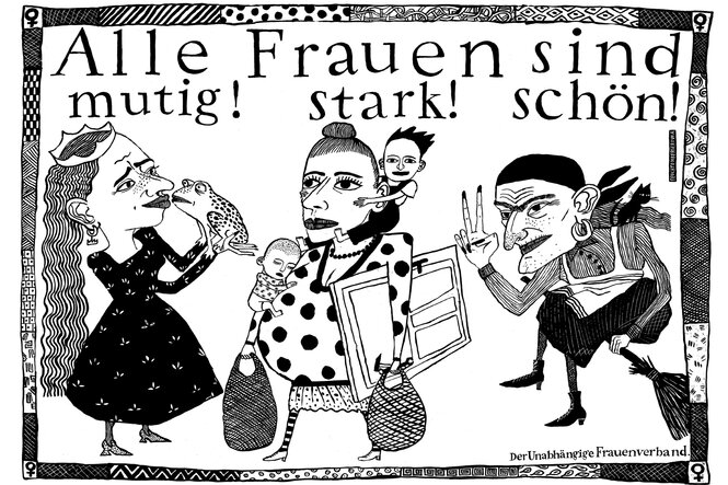 Kollagen-mäßig anmutende Illustration von drei Frauen mit der Überschrift "Alle Frauen sind..." und dann jeweils über den Frauen "mutig! stark! schön!"