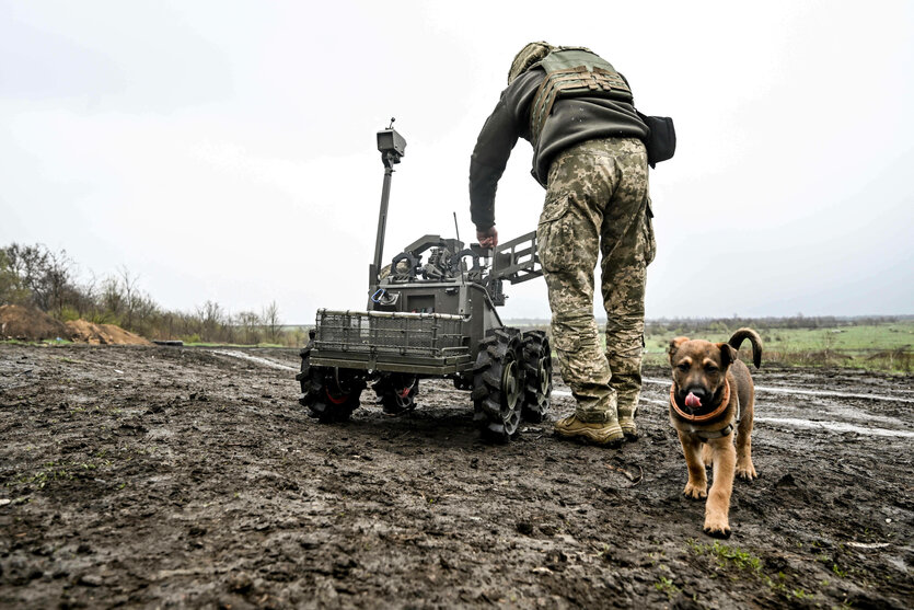 EIn ukrainischer Soldat arbeitet an einer Bodendrohne, ein junger Hundewelpe kommt auf uns zu