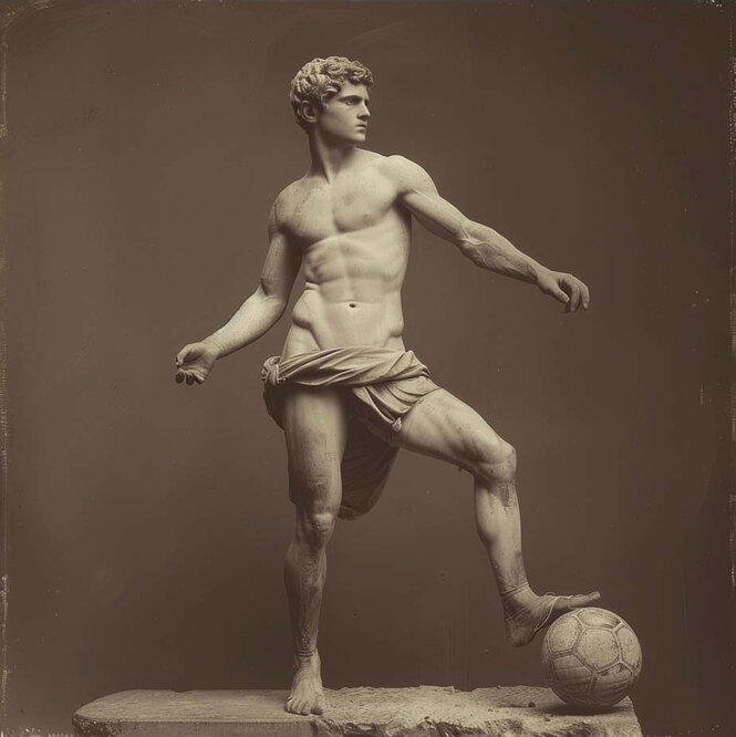 Ein künstlerisches Bild zeigt eine Statue mit Ball.