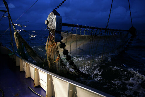 Ein Grundschleppnetz wird auf hoher See aus dem Wasser gezogen
