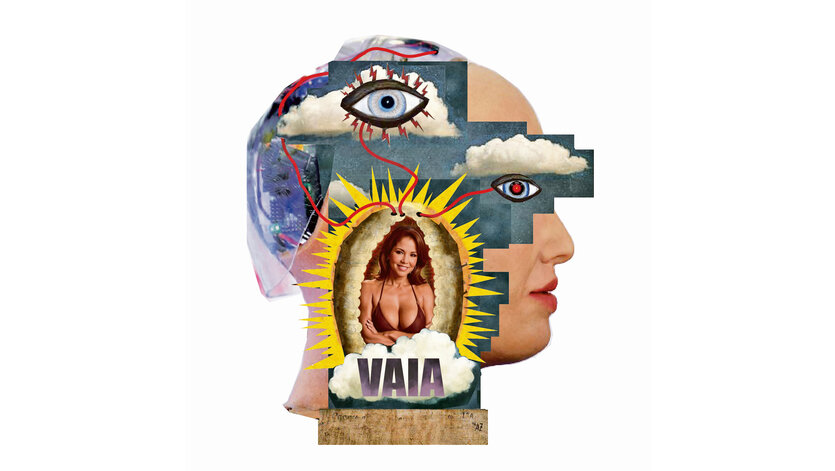 Eine Collage zeigt einen Kopf, Augen und eine Frau in Unterwäsche.