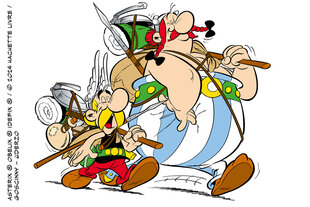 Die gezeichneten Comic-Figuren Asterix und Obelix haben gute Laune