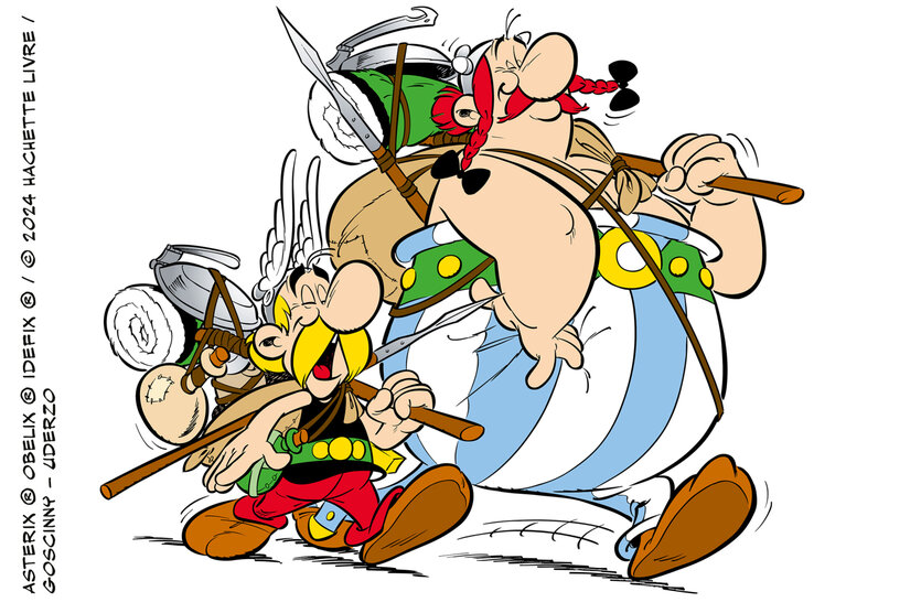 Die gezeichneten Comic-Figuren Asterix und Obelix haben gute Laune