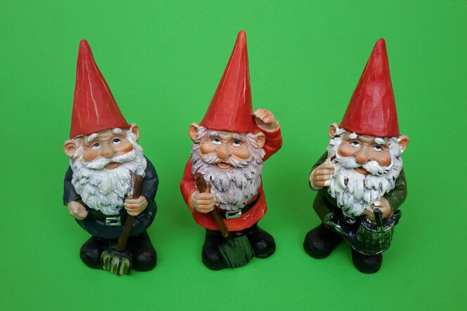 Drei Gartenzwerge auf grünem Hintergrund