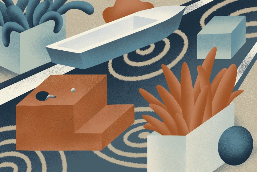 Eine Illustration zeigen Stadtmöbel auf einer Straße.