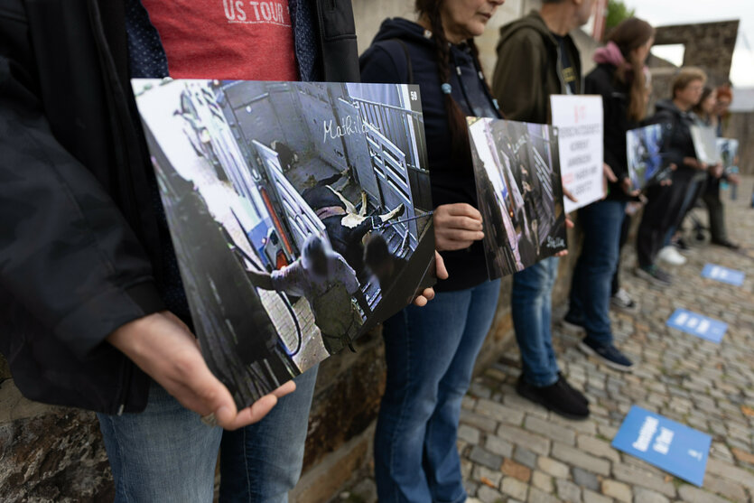 Tierschutzaktivisten stehen mit Fotos (Screenshots) vor dem Amtsgericht Bad Iburg. Wegen Verstößen gegen das Tierschutzgesetz müssen sich der ehemalige Geschäftsführer eines Schlachthofes und fünf Mitarbeiter vor Gericht verantworten.