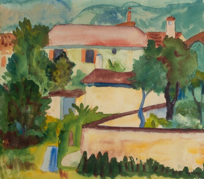 Aquarell von Hermann Hesse, Warme, satte Farben skizzieren ein Ensemble von Landschaft, Bäumen und Häuser, die sich in die Weite erstrecken.