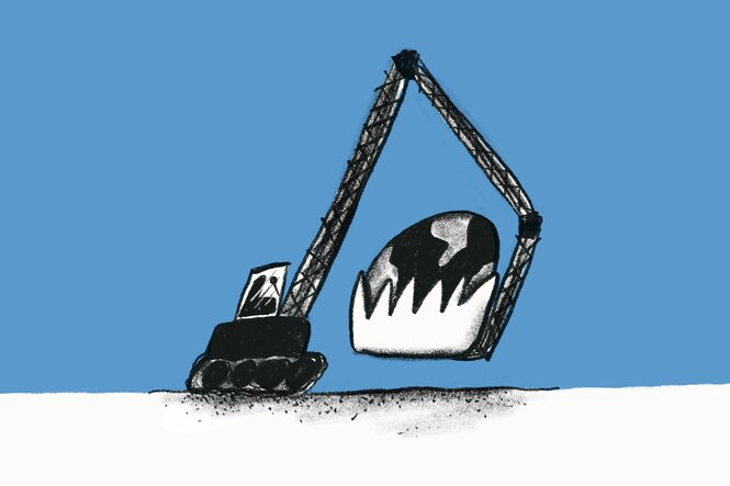 Illustration eines Baggers der die Erde trägt