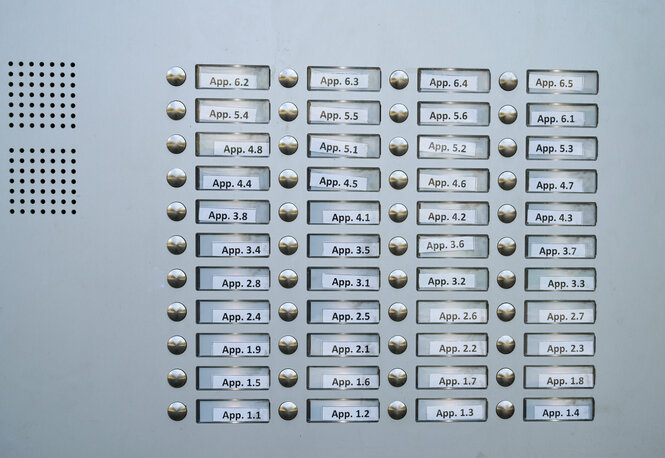 Ein Klingelschild auf dem ausschließlich Apartementnummern eingetragen sind