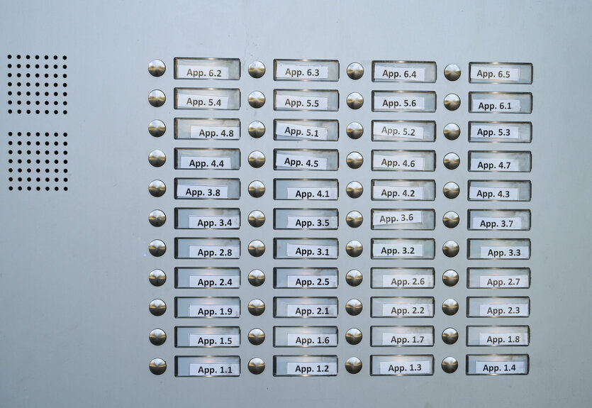 Ein Klingelschild auf dem ausschließlich Apartementnummern eingetragen sind