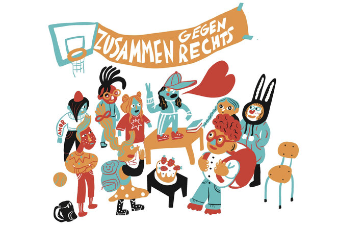 Bunte Mischung an Schulkindern, darüber der Slogan: Zusammen gegen Rechts