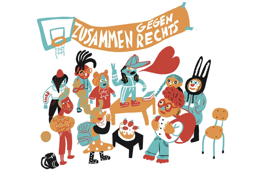 Bunte Mischung an Schulkindern, darüber der Slogan: Zusammen gegen Rechts