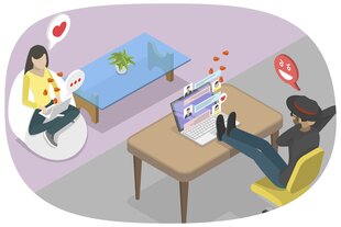 Karikatur zeigt, wie Mann und Frau mit Dating-App kommunizieren