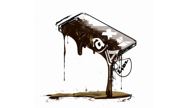 Eine Illustration zeigt ein Smartphone, aus dem in eine rbraunen Masse Firmenlogos rausfliessen.