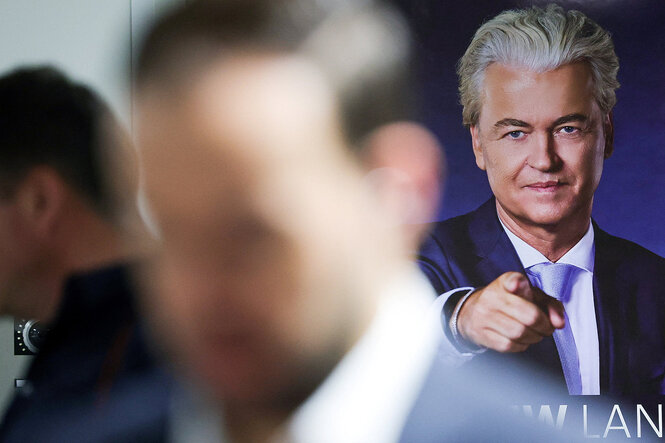 Das Konterfei von Geert Wilders auf einem Wahlplakat