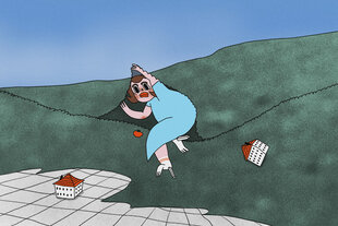 Eine gezeichnete Frauenfigur hebt den gezeichneten Rasen an