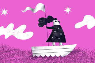 Das Bild zeigt das Logo des PANDA Festivals: eine schwarz weiße Figur auf einem Boot vor pinkem Hintergund