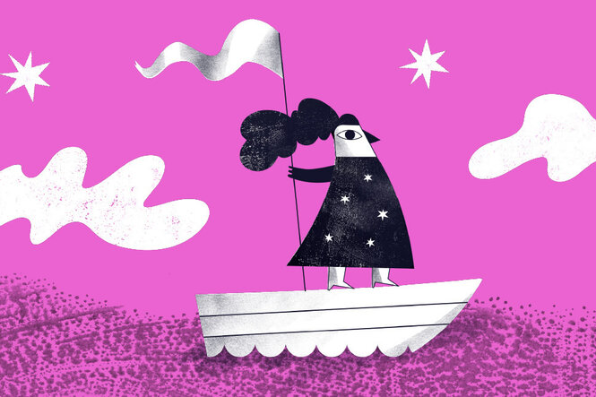 Das Bild zeigt das Logo des PANDA Festivals: eine schwarz weiße Figur auf einem Boot vor pinkem Hintergund