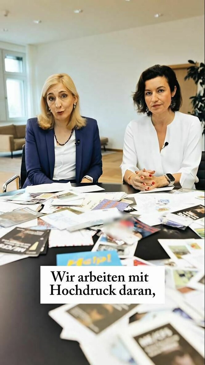 Nina Warken und Dorothee Bär sitzen nebeneinander an einem Tisch, auf dem Briefe und Postkarten liegen, das Bild ist untertitelt mit dem Zitat: "Wir arbeiten mit Hochdruck daran,"