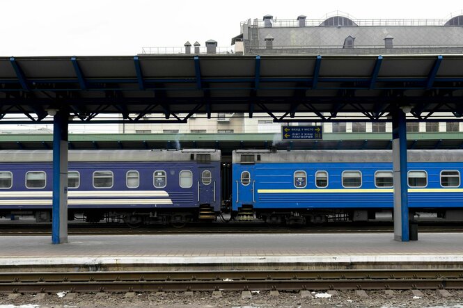 Ein blauer Zug steht an einem Bahnhof, im Vordergrund ein Bahnhofsdach über den Gleisen