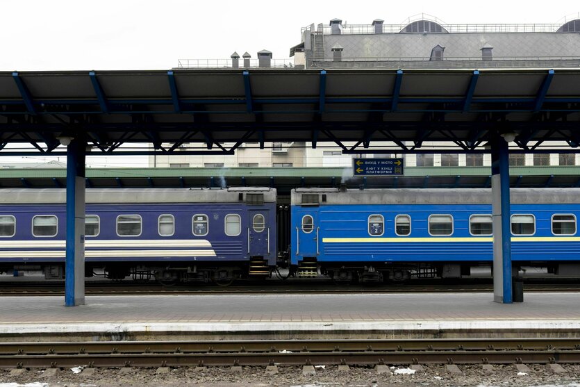 Ein blauer Zug steht an einem Bahnhof, im Vordergrund ein Bahnhofsdach über den Gleisen