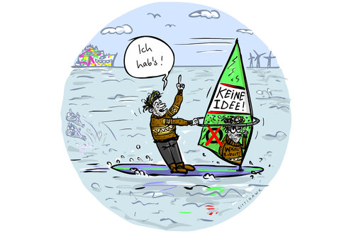 Bunter Cartoon, Robert Habeck als Surfer, auf dem Segel steht: Keine Idee. Habeck sagt: ich habs!