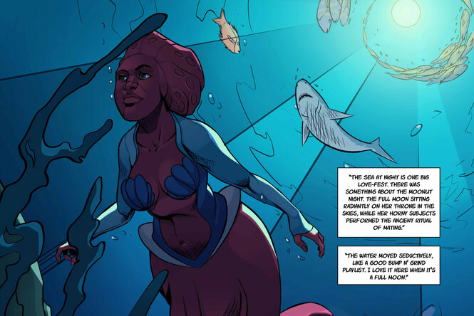 Ausschnitt aus dem Comic "Moongirl" der ghanaischen Illustratorin Akosua Hanson: eine afrikanische Supernixe schwimmt unter Wasser