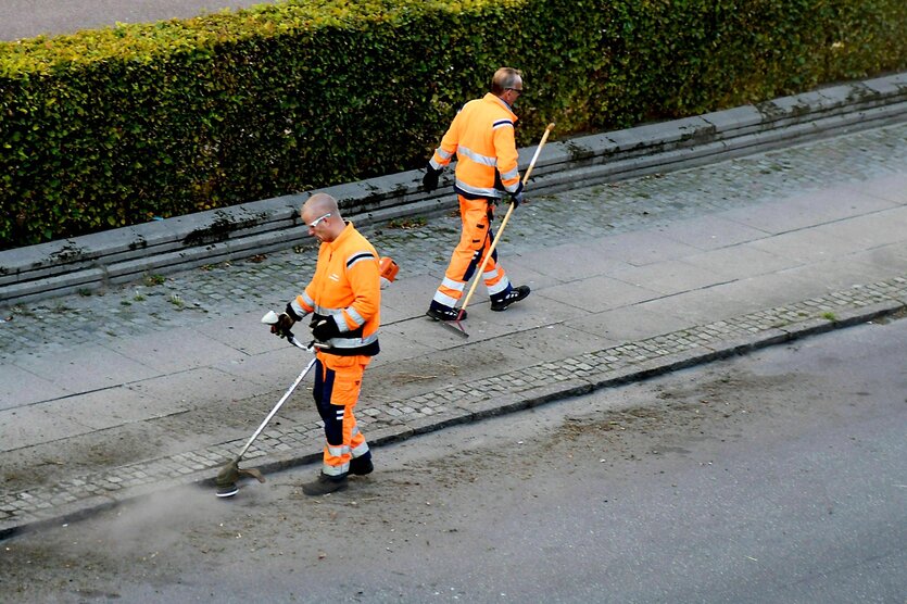 Zwei Arbeiter in orangefarbener Arbeitskleidung säubern einen Gehweg von Unkraut