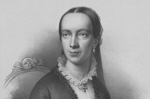 Porträt-Lithographie einer Frau mit zurückgekämmtem dunklem Haar, in elegantem dunklem Kleid mit weißem Spitzenkragen und Brosche