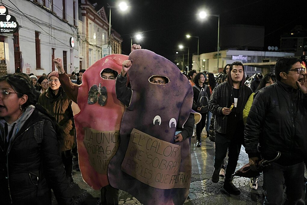 Zwei als Lungen verkleidete Personen nehmen an einer Demonstration gegen Waldbrände und Goldabbau in Schutzgebieten teil