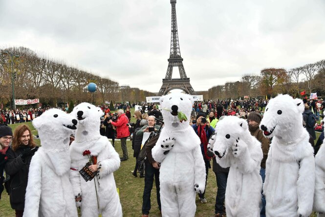 Als Eisbären verkleidete Aktivist:innen bei einer Demonstration vor dem Eifelturm.