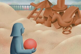 Illustration eines Kindes mit rotem Ball das vor den Ruinen eines Spielplatzes steht